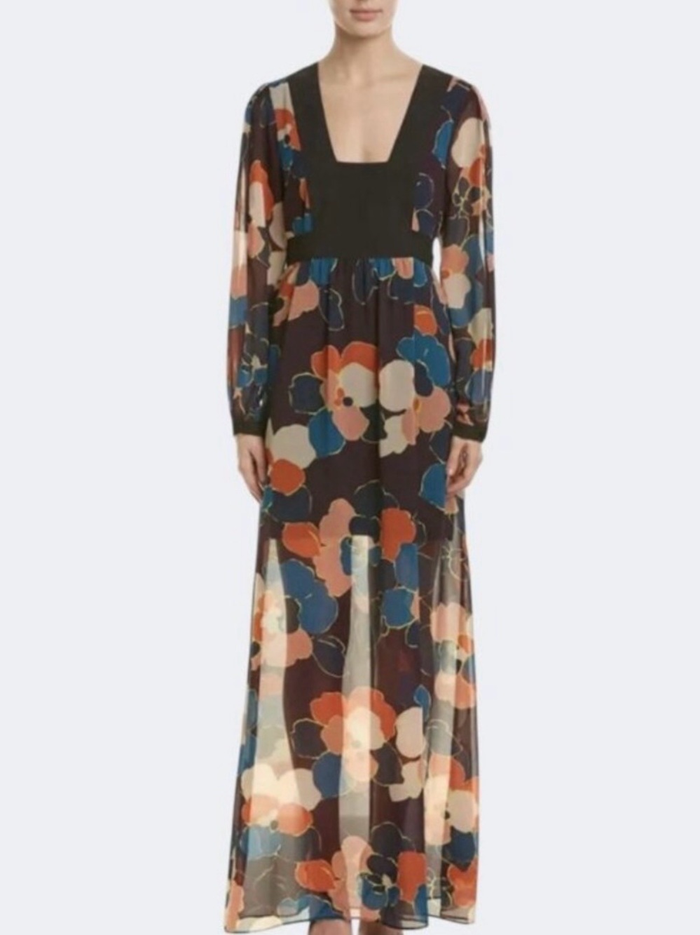 BCBGeneration Maxi Dress XS Sheer Floral Long Sleeve Festival Hippie Boho